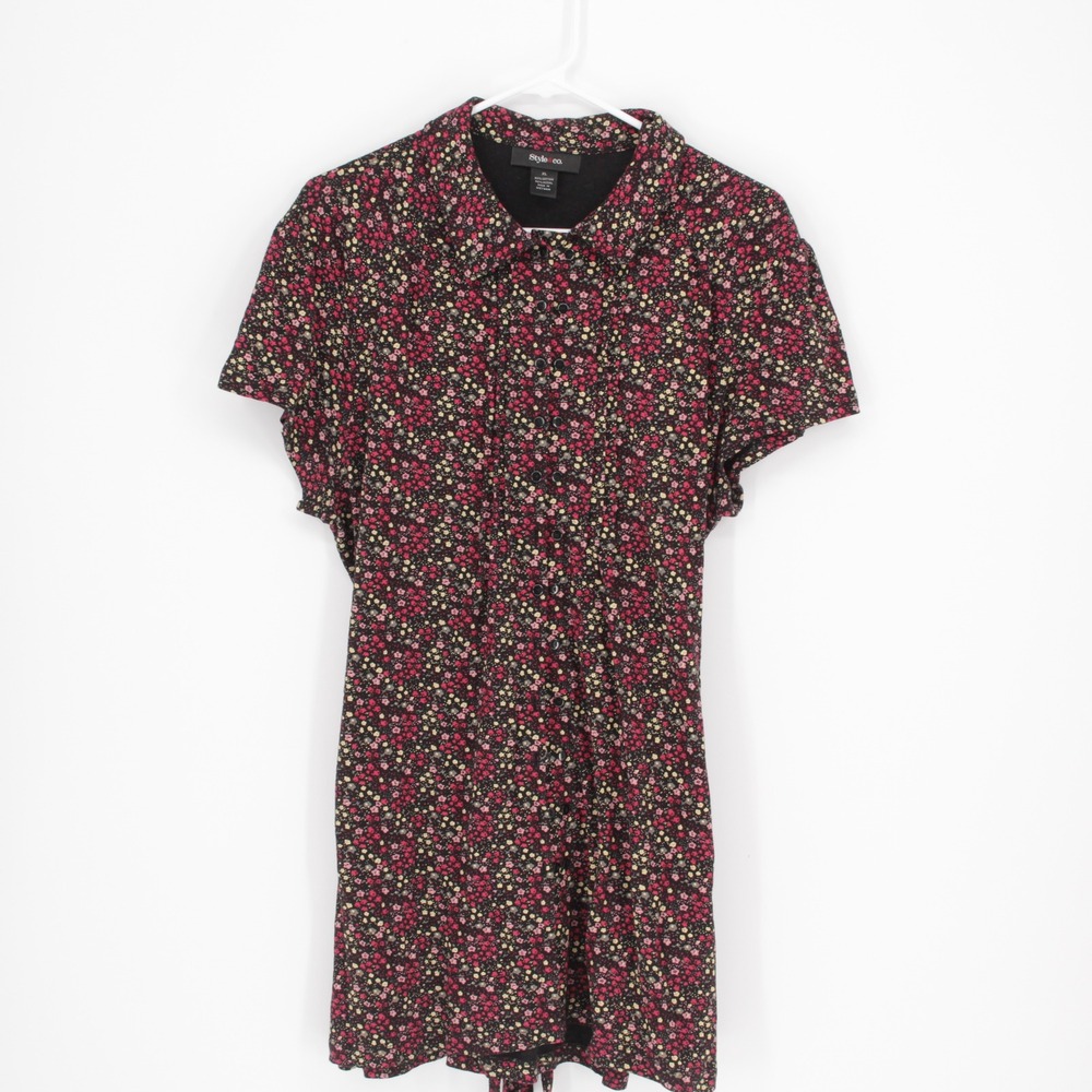 Style & Co Women's Black Floral‎ Short Sleeve Button Front Top Size XL
